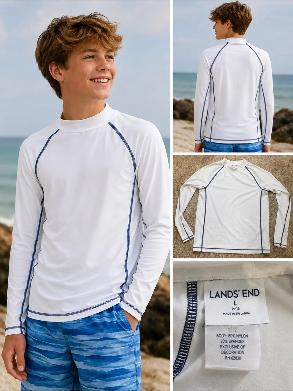 Lands' End White Long-Sleeve Rash Guard with Navy Trim